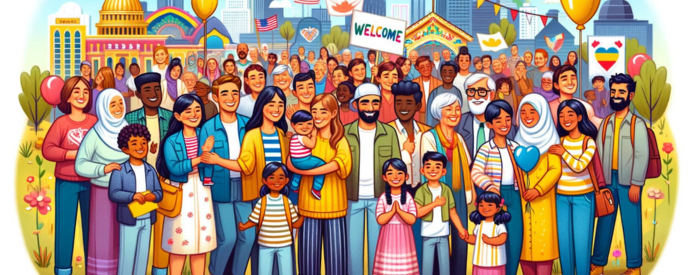 Graphic illustration of immigrants standing with welcome signs and flags from different countries behind them