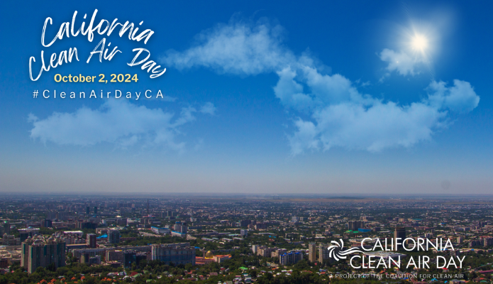 View of tall buildings and clouds with text "California Clean Air Day October 2, 2024"