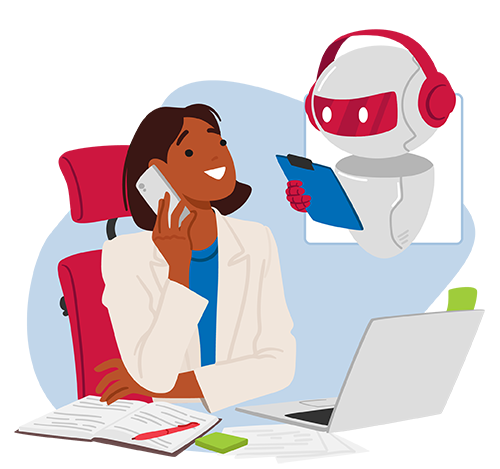 illustration of a woman using her laptop while talking on the phone, with an AI robot holding a clipboard next to her