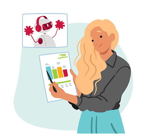 illustration of a woman holding a piece of paper with bar graphs on it while AI robot cheers her on